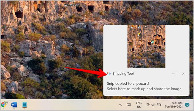 Snipping Tool Windows 11 Thông báo trong Trung tâm Hành động