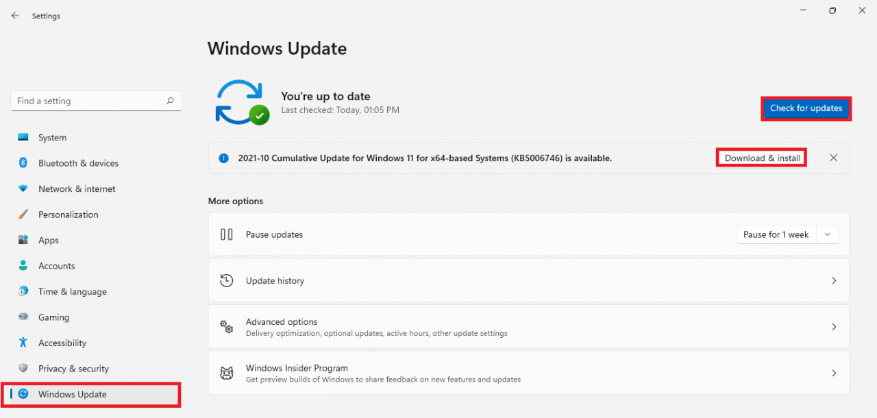 Tab cập nhật Windows trong ứng dụng Cài đặt