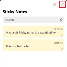 nhấp vào biểu tượng x để đóng Sticky Note Hub