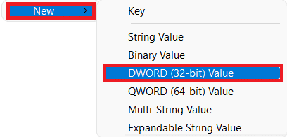 Tạo Giá trị DWROD mới bằng menu ngữ cảnh.  Cách tắt màn hình khóa trong Windows 11